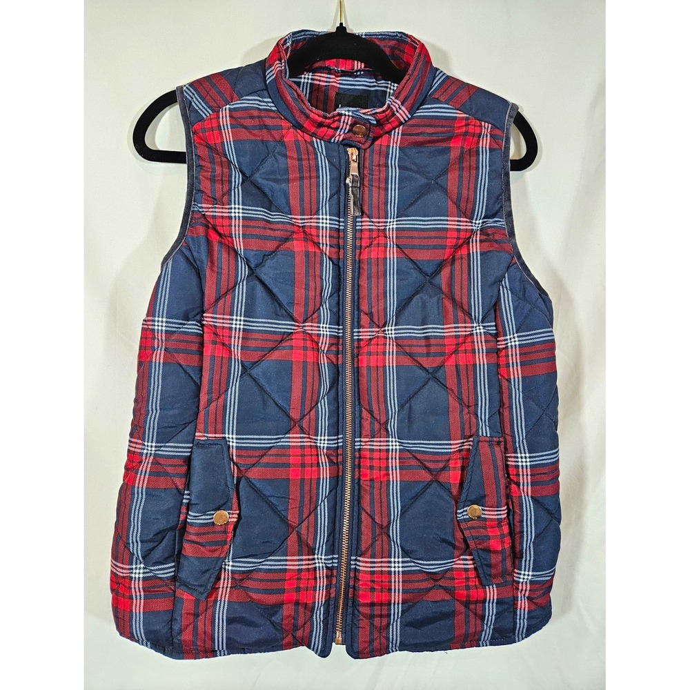 Kensie Jeans Womens Quilted Plaid Puffer Vest Full Zip Pockets Blue Red M